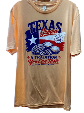 Gilbert Pecan Company Texas Flag T-Shirt - Apricot "A Tradition You Can Taste"