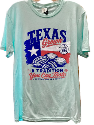 Gilbert Pecan Company Texas Flag T-Shirt - Aqua "A Tradition You Can Taste"